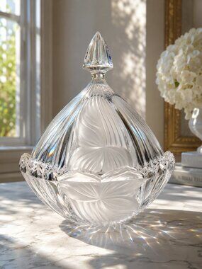 Vintage Lead Crystal Covered Candy Dish Frosted Swirl Pinwheel Trinket Jar 9”